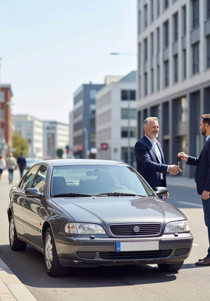 Team in Halver, ein erfahrener Fahrzeugexperte aus Halver nimmt das Fahrzeug eines zufriedenen Kunden ab. Seitlich steht der Wagen neben beiden.